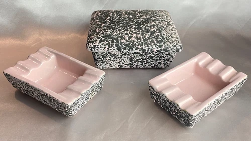 Mid-Century Modern Vintage Kenwood Shawnee Pink/Black Lava Glaze Smoking Set