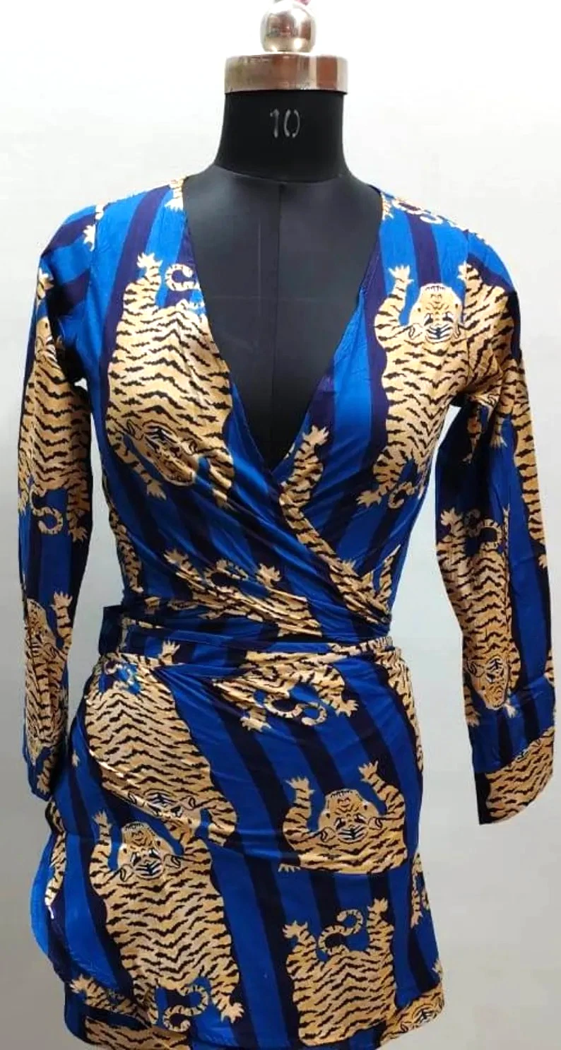 Indian handmade tiger print cotton dress summer wear wrap dress beach dress.