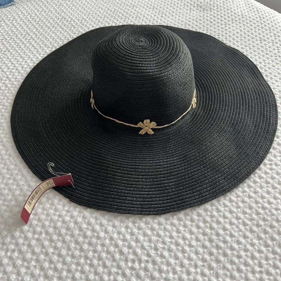 Charcoal Straw Floppy Hat One Size Dark Feminine Beach Resortwear Summer Vacay - Image 2 of 4