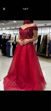 Red Tulle Off-Shoulder Ball Gown with Beaded Sequin Bow Accents, Long Prom Dress