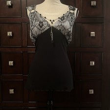 Evoques Black Lace Tank Top With Metal Hardware and Feux Necklace