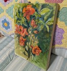 Vintage 11 X 15 Original Abstract Orange Green Floral Painting On Wood