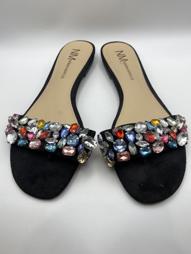 Neiman Marcus Women's Black Flat Slide Sandals Gemstone Embellsh