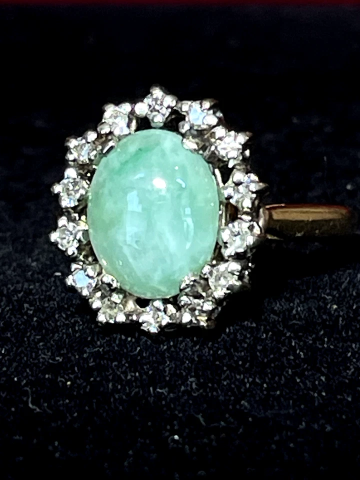 ANILLO DE COMPROMISO HALO DIAMANTES JADEÍTA VERDE ORO 14K VINTAGE PIEDRAS PRECIOSAS NATURALES Foto 2 de 4