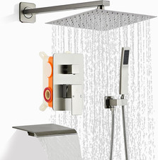 Brushed Nickel 10" Rainfall Shower Faucet Set with Tub Spout  Handheld Shower