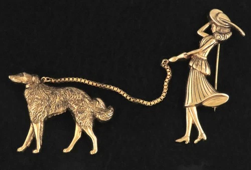 * 1948 - Coro Pegasus - A. KATZ - VINTAGE WOMAN WALKING DOG CHATELAINE BROOCH