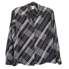 Notations Womens Blouse Size L Black Beige Printed Long Sleeve Button Down Top