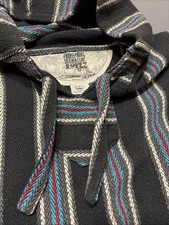 Senor Lopez Baja Hoodie Mens M Black Teal Striped Woven Pullover Poncho Surf Vtg