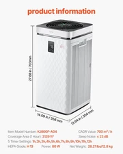 VEVOR Air Purifier for Bedroom Home, H13 HEPA Layer, 3139 ft²/h Smart Air Purifi