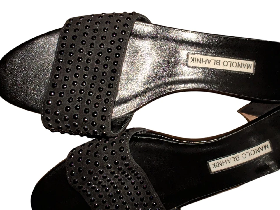 Women's Manolo Blahnik Falcopearl Black Suede 1.5 inch Block Heel Slide 38.5/8M - Image 4 of 4