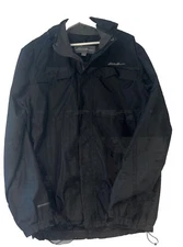 Eddie Bauer Weather Edge Rain Wind Jacket Mens TL Black Full Zip Hooded Outdoor