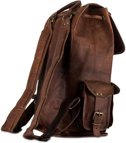 19" Vintage Handmade Genuine Classic Leather Shoulder Messenger Laptop Backpack - Picture 3 of 3