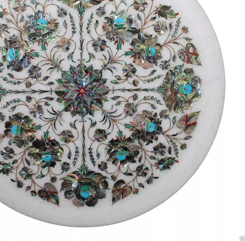 12" White Marble Plate Inlay Work Stone Pietra Dura Handmade Home Decors - Picture 6 of 8