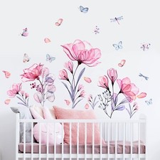 Pink Flowers Wall Decals Removable Butterflies Floral Flowerl Wall Stickers D...