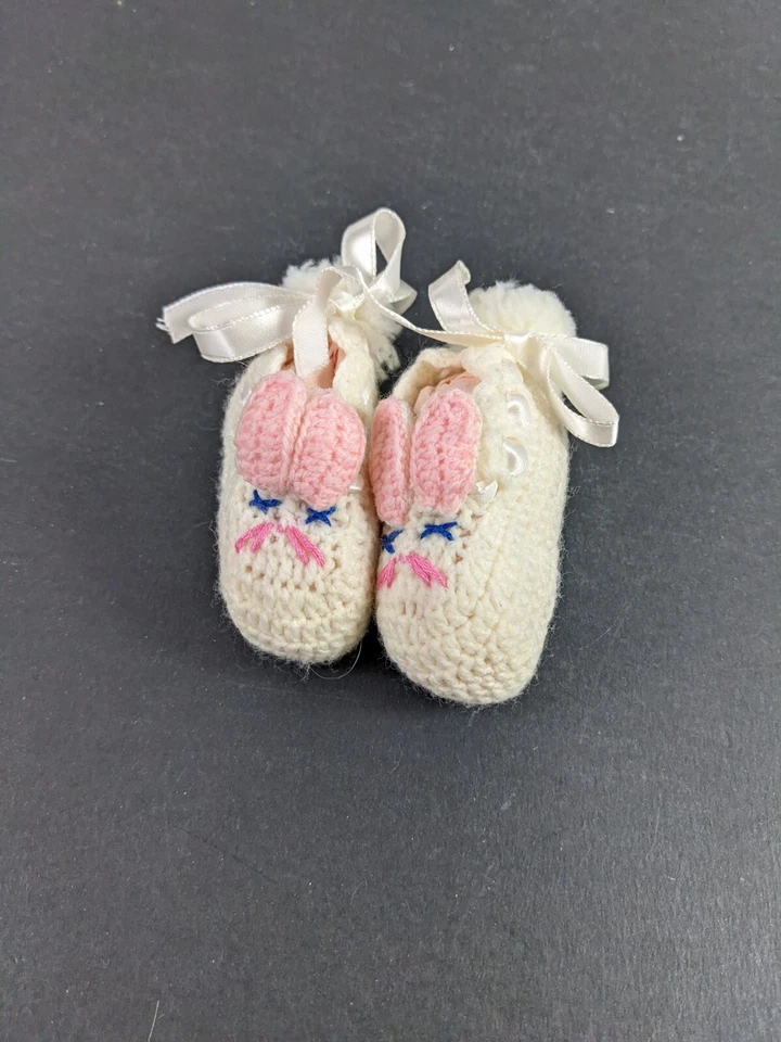 Zapatillas vintage de conejito de ganchillo artesanal bebé bebé bebé decoración de Pascua Foto 2 de 4