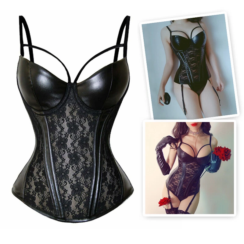 Women Vintage Sexy Lingerie Lace PU Leather Semi Cup Steel Boned Bodyshaper New - Image 3 of 4