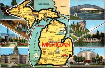 Postcard Michigan View Point left Aux Bargus copper mine right Inter bridgeLinen