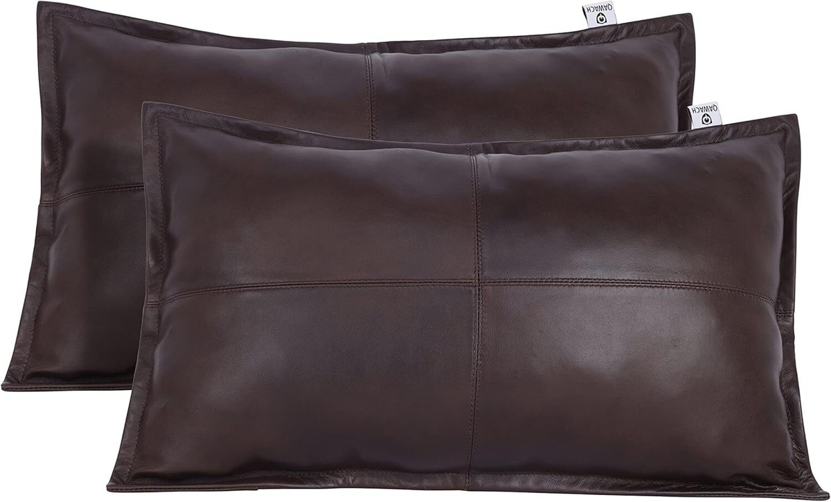 Brown Antique Box Lambskin Leather Rectangle Pillow Cover