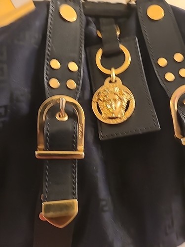 VERSACE BORSA AUTHENTIC Satchel Handbag Black Leather & Cloth Gold Hardware - Picture 3 of 23