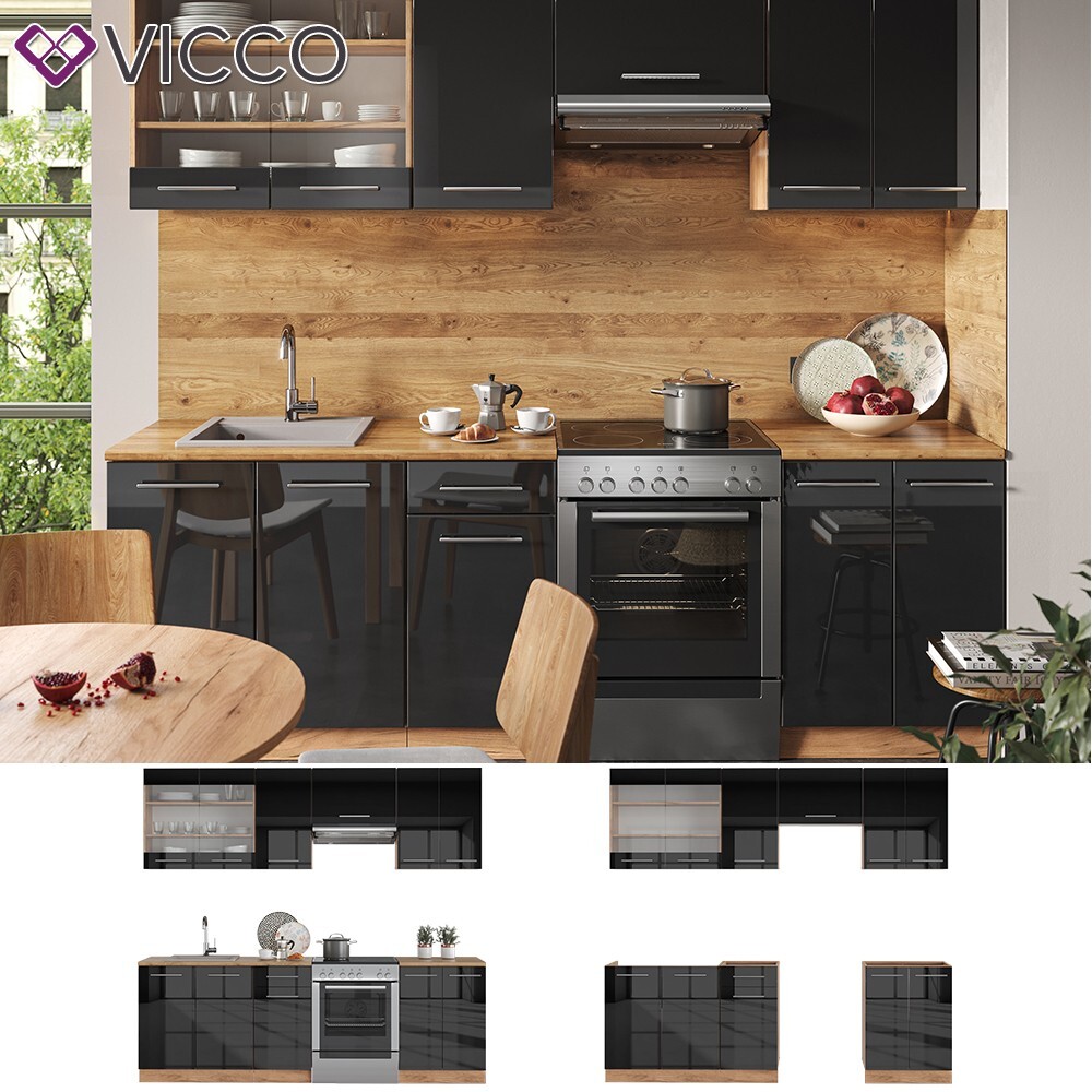 Vicco Cuisine Fame-Line, Anthracite Brillant/Blanc, 240 cm, PT Chêne
