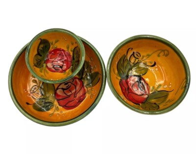 Olive serving Bowls Dish I See Spain Floral Red Rose Set Lot Hand 3D Painted