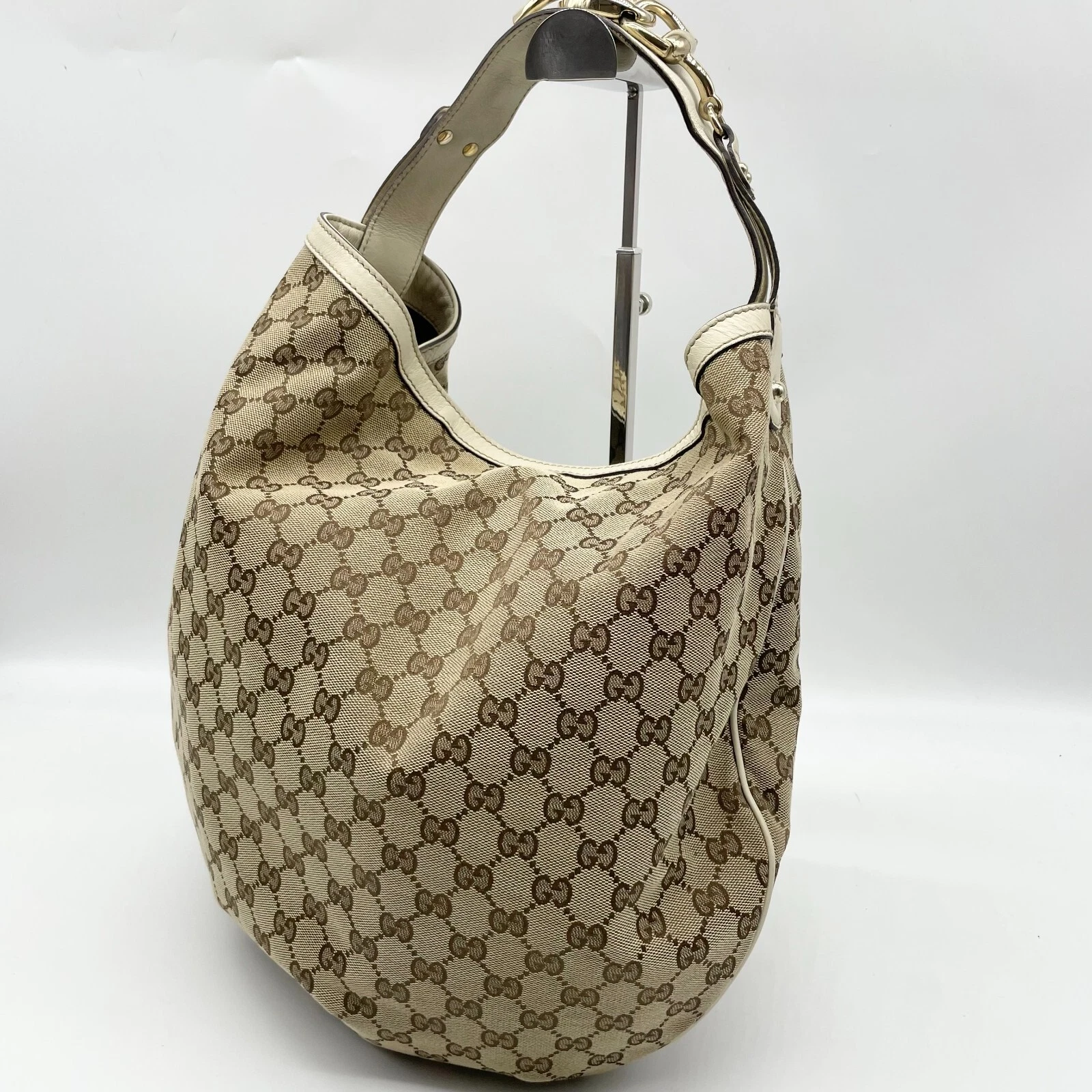 Gucci Borsa a mano Horsebit Hobo Borsa a tracolla GG Tela Pelle Beige 170014 Y2K Autentica