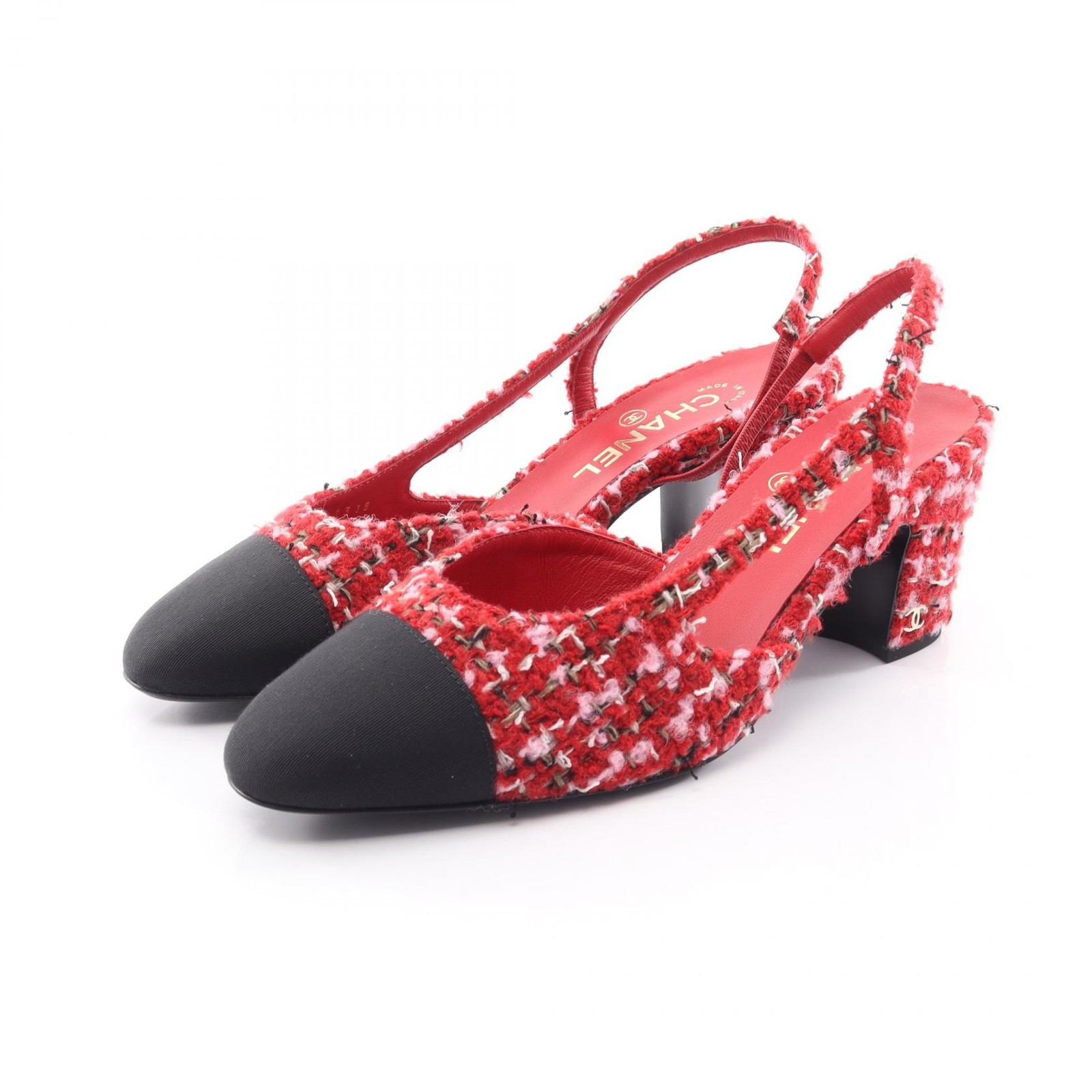 CHANEL Slingback COCO Mark Sandals Heels Shoes G31318. Fabric Red #38 1/2 CC