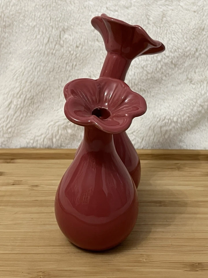 VTG Pink Maroon Double Bulb Ceramic Double Stem Floral Bud Vase 6.25” - Image 2 of 4