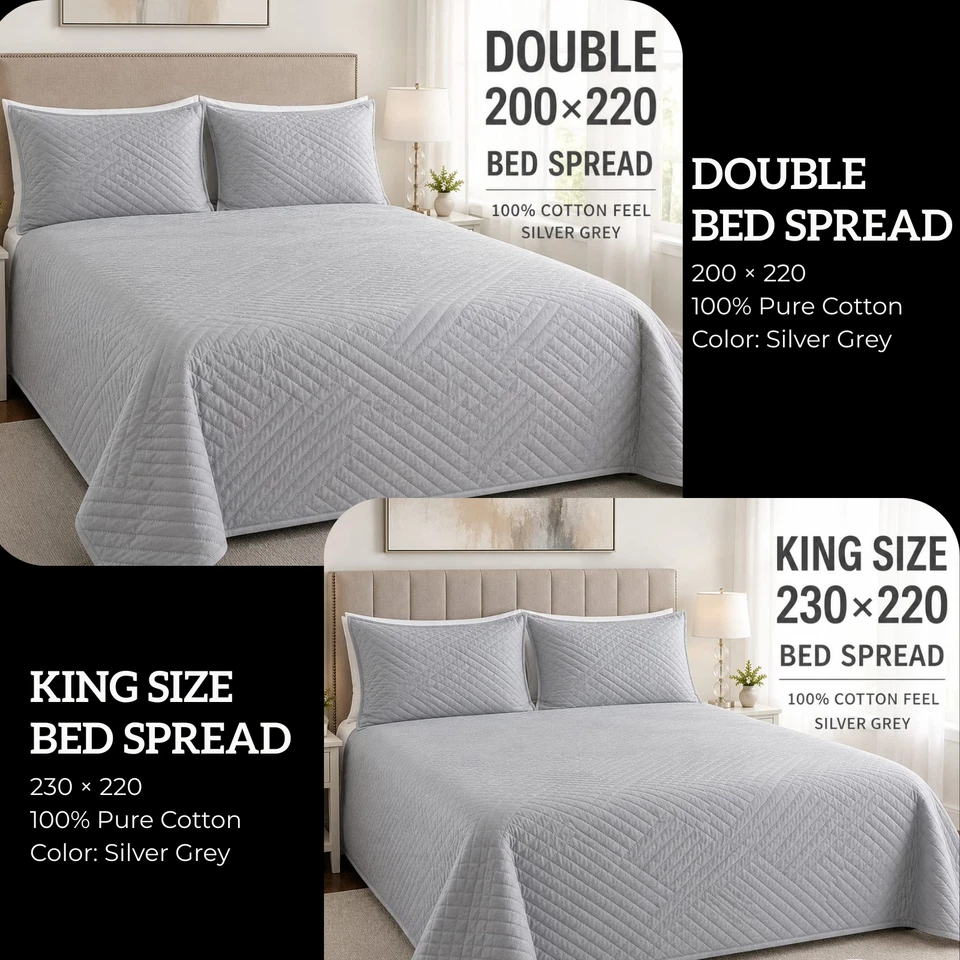 Silver Grey Bedspread Set Double King Quilted Coverlet Bedding Throw Soft Cotton - Image 1 of 1