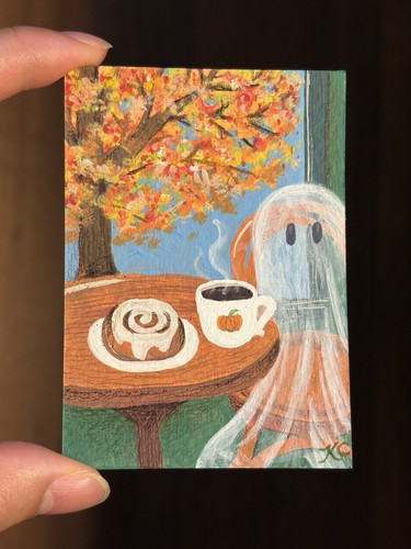 ACEO Original Cute Spooky Ghost Season Cozy Fall Coffee Shop - PaperTrailbyKC