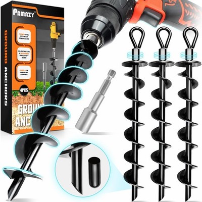 [Premium] 4 Pack Ground Anchors with Power Nut Driver Drill Bit, Ground Ancho...