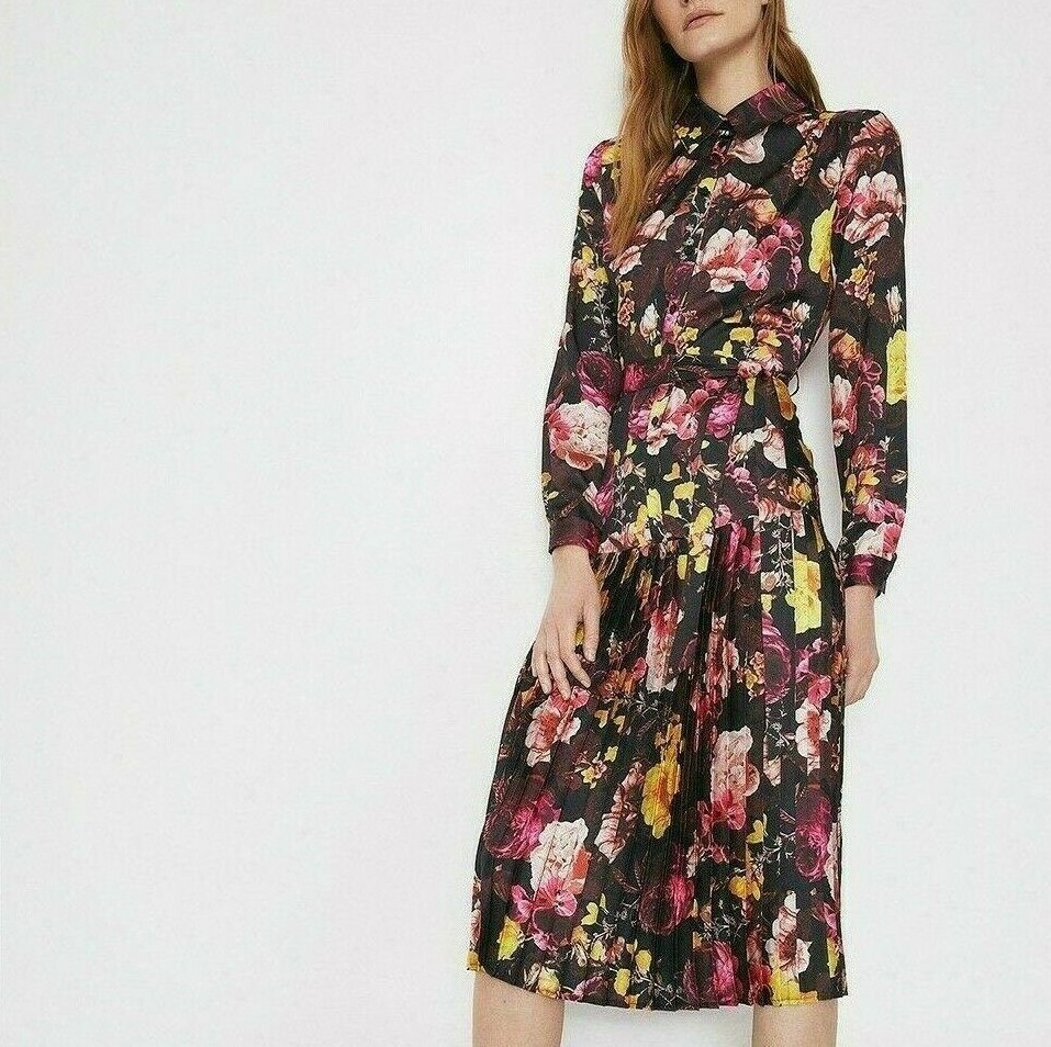 Warehouse Long Sleeve Drop Waist Pleated Midi Floral Shirt Dress