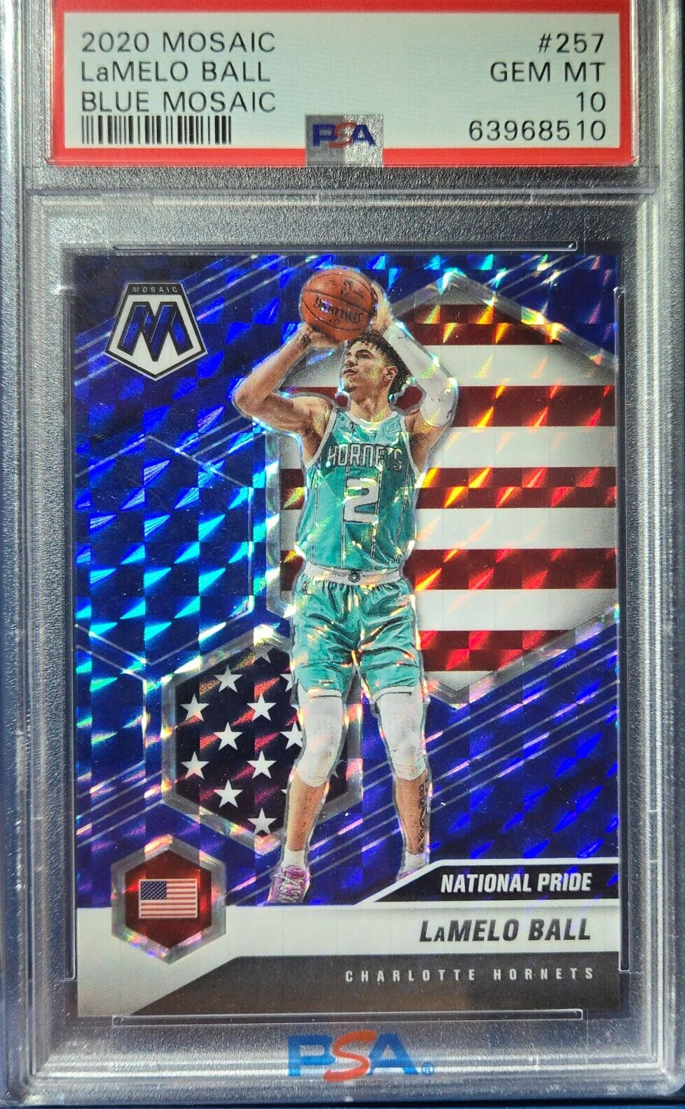 2020 Panini Mosaic LaMelo Ball National Pride Blue #257 SP /99 PSA 10 GEM (RC)