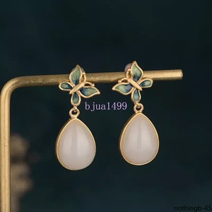 Authentic China Style National Tide Butterfly Water Drop White Jade Gold-Plated Earrings