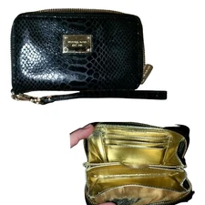 Women's Michael Kors Zipper Small Accordion Wallet Black + Wrist Strap 3" x 6"