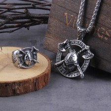 Viking Warrior Axe Shield Pendant Necklace Ring Stainless Steel Men Jewelry Gift
