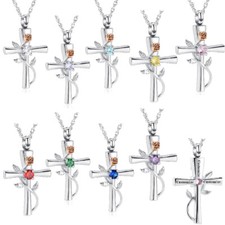 Rose Flower Cross Urn Pendant Cremation Jewelry Ashes Keepsake Memory Necklace