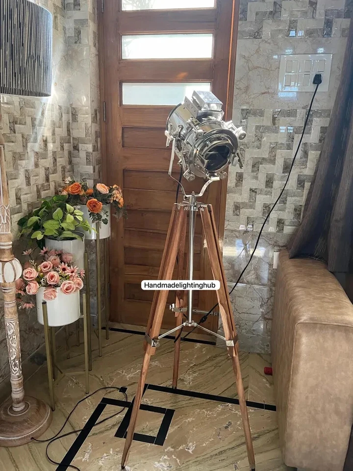 Foco Náutico Cromo Lámpara de Pie Trípode de Madera Natural Soporte Lámpara Industrial Foto 3 de 4