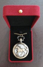 Mustang Horse Quartz Pocket Watch w/16" Chain Brushed Antique Bronze  Gift Box