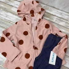 Carter's girls 3 piece set zip up pink dot fleece jacket with body suit & pants