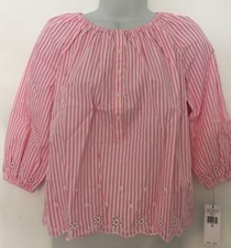 Polo Ralph Lauren Girl's Top Pink White Stripe LS Eyelet Border Size 10 NWT