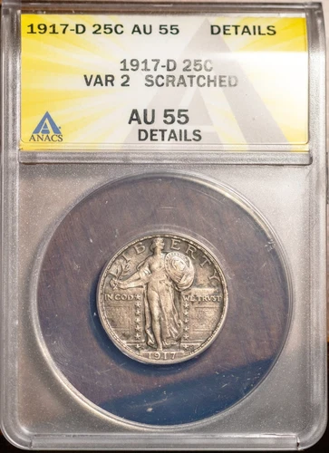 1917-D 25c Var. 2 Silver Standing Liberty AU 55 Details ANACS # 7494957+ Bonus