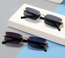 Unisex rimless rectangle sunglasses black  gold frame uv400 protection