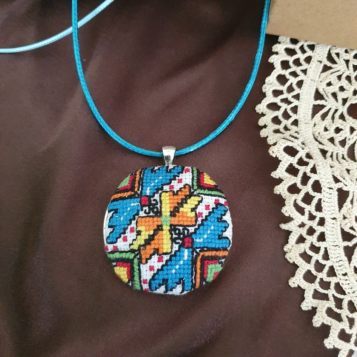 Handmade Necklace pendant folk art design Blue, ethnique design micro  embroidery