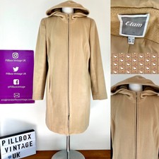 Vintage Etam Wool Blend Y2k Hooded Camel Coat Zip Front Minimal Size U.k. 12