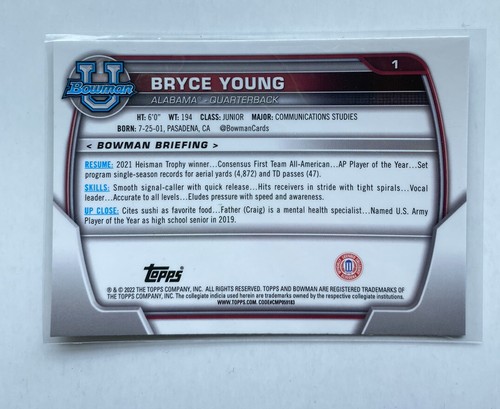 2022 Bowman Chrome University U Bryce Young Base Alabama Crimson Tide #1 ππ - Picture 3 of 4