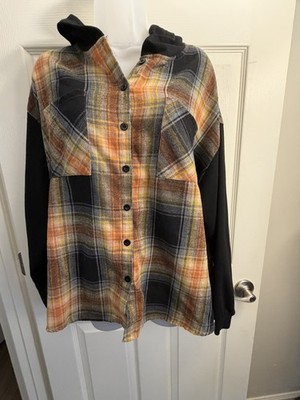 BLOOMING JELLY WOMENS HOODED PLAID BUTTON UP SIZE LARGE