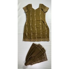 Vintage Large Olive Green Floral Embroidered Salwar Kameez Tunic  Scarf Set