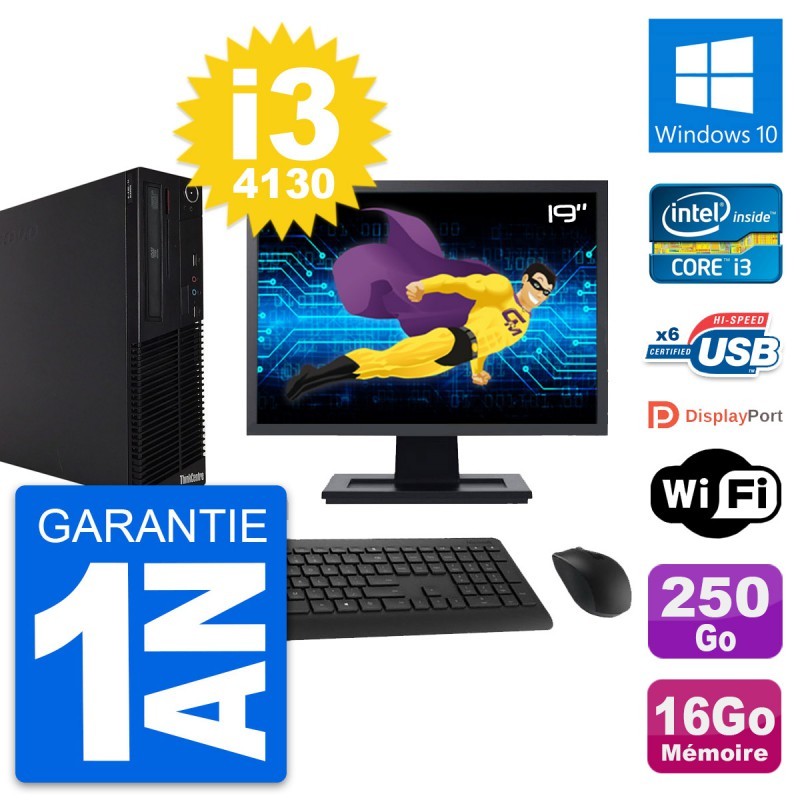 PC Lenovo M73 SFF Ecran 19" Intel i3-4130 RAM 16Go Disque 250Go Windows 10 Wifi