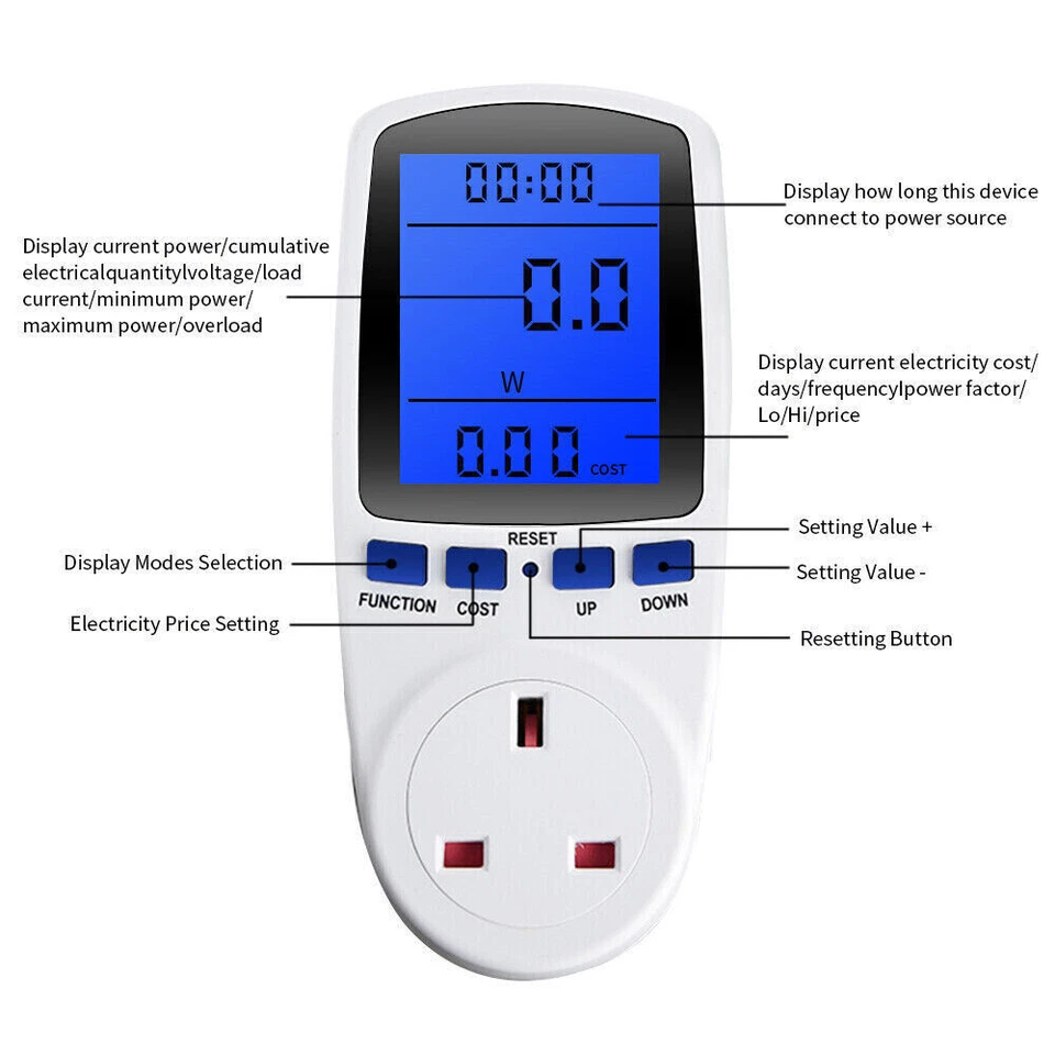 LCD Power Consumption Meter Energy Monitor Calculator Usage Plug In Electricity - Image 4 of 4